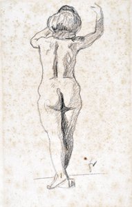 Nu de dos - Kunstverk av Felix Vallotton (1865-1925), grafitt på papir (28x18 cm), tidlig på 1900-tallet - Saint Roch hospice museum, Issoudun - Obligatorisk omtale av Felix Edouard Vallotton