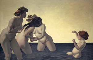 Tre kvinner og en liten jente leker i vannet, 1907. av Felix Edouard Vallotton