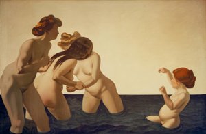 Tre kvinner og en liten jente leker i vannet av Felix Edouard Vallotton