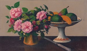 Stilleben med blomster og frukt (olje på lerret)