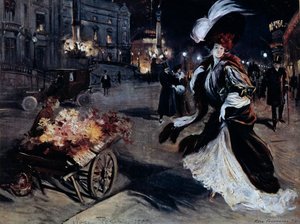 Belle Epoque: Kvinne i Egrets i en parisisk gate om natten. Illustrasjon av Felix Fournery (1865-1938)