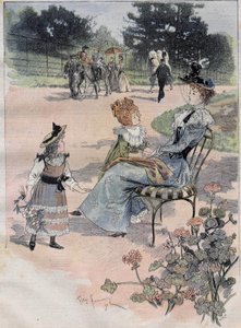 Barnas vandring til akklimatiseringshagen i Paris i 1892. Gravering av støperiakvarellen.