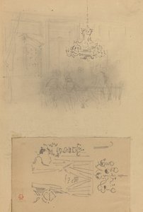 En samling i et interiør; En gardindør av Felix Hilaire Buhot