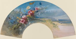 Fan med villblomster og sommerfugler mot Norman Coast, ca. 1875. av Felix Hilaire Buhot