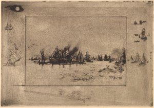 Port aux Mouettes havn med måker, 1886. av Felix Hilaire Buhot