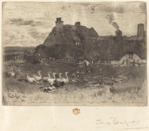 Les Petites Chaumières hytter med stråtak – liten tallerken, 1878. av Felix Hilaire Buhot