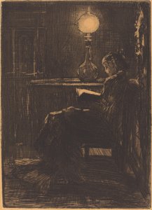 Lampeleser (kvinne leser av Lamplight) av Felix Hilaire Buhot