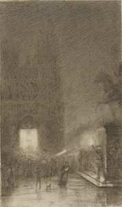 Samling om natten foran en katedral av Felix Hilaire Buhot