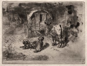 The Guardians of the House, eller Saltimbanques venner av Felix Hilaire Buhot