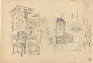 To studier av et interiør med møbler. av Felix Hilaire Buhot