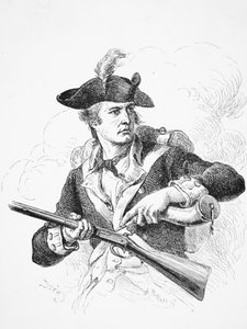 En amerikansk soldat, under uavhengighetskrigen, brukte pulverhornet sitt til å prime pannen på flintlåsmusketten hans, gravert av A. Bollett (gravering) av Felix Octavius Carr (after) Darley