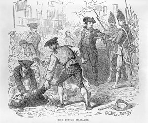 Boston-massakren, 5. mars 1770, gravert av A. Bollett