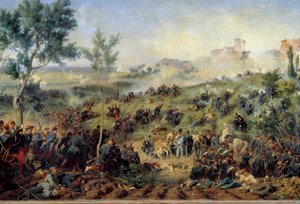 Utsikt over slaget ved Montebello di Casteggio, 20.05.1859 Frankrike vinner den østerrikske hæren. Maleri av Henri-Felix-Emmanuel Philippoteaux (1815-1884) 1862. Dim. 1x1,5 m. Paris, Musee de l