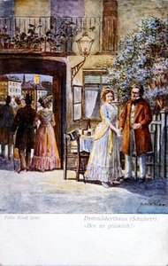 Scene fra 'Das Dreimaederlhaus' ('Huset til de tre pikene') som viser Schubert foran huset, ca. 1916 (farge litho) av Felix Riedl