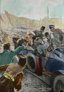 Attentatet på Franz Ferdinand (1863-1914) erkehertug av Østerrike, og hans kone Sophie i Sarajevo (gravering)