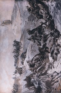 Fra østfronten: Artilleri i transitt under fiendtlig ild, illustrasjon fra Hindenburg utgitt av Daterlandischer Derlag C U Weller Berlin av Felix Schwormstadt