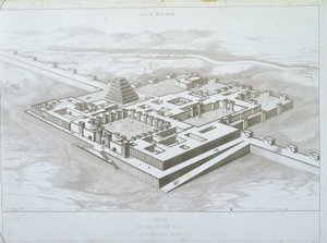Khorsabad-palasset, historisk utsikt fra sør-øst med en del av de befestede murene, illustrasjon fra 'Nineveh and Assyria' av Victor Place av Felix Thomas