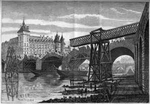 Transformations of Paris under the Second Empire, Haussmann Paris: demolition of the Pont au Change (1639-1647) and installation of the temporary bridge. Engraving by Felix Thorigny in “” Le Monde Illustré”” n°78 of 9 October 1858.