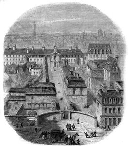 Utsikt over Gobelins billedvevfabrikk i Paris, med Capuchins-klosteret, observatoriet og slottet til dronning Blanche. Gravering av Thorigny