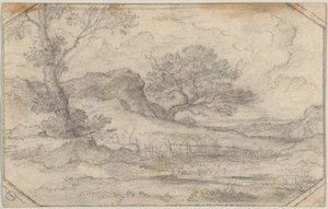 Ideelt landskap med to trær og et bergmassiv av Ferdinand (Johann Heinrich Ferdinand) von Olivier