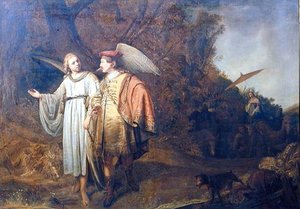 Tobias og engelen Gabriel (olje på lin) av Ferdinand (attr.) Bol