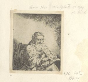 Gammel mann med kløverblad på frakken Recueil de quatre-vingt-cinq estampes originales (serietittel) av Ferdinand Bol (attributed to)