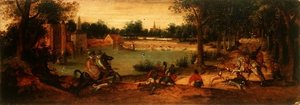 The Boar Hunt: En av et par landskap av Ferdinand Bol