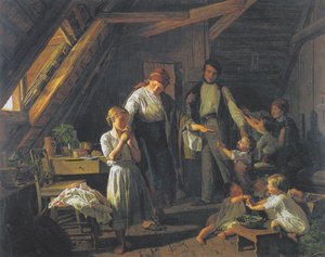 Avskjed med foreldrene - det eldste barnet tar seg av brødre og søstre i fravær av foreldre. av Ferdinand Georg Waldmuller