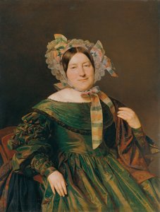 Kvinne i en grønn, lakserød iriserende kjole av Ferdinand Georg Waldmuller