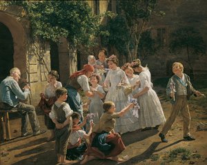 Morgenen for Corpus Christi-festen av Waldmueller, Ferdinand Georg (1793-1865). Olje på tre av Ferdinand Georg Waldmuller
