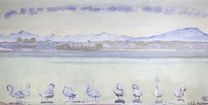 Ni svaner foran et fjellaktig landskap; Genève havn, med ni svaner, fra Quai du Mont Blanc, 1915 av Ferdinand Hodler