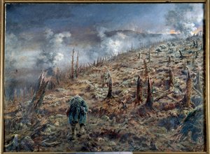 Første verdenskrig (1914-1918): «Dødens ravine i Verdun» Landskap av ruiner og aske etter slaget. Maleri av Ferdinand Joseph Gueldry (1858-1945) 1916 Paris. Museum for de to verdenskrigene