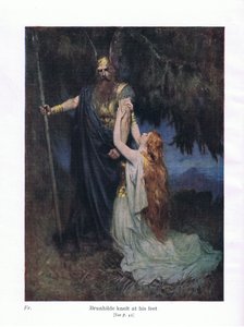 Brunhilde knelte ved føttene hans, illustrasjon fra puben The Stories of Wagners Operas. av George Harrap & Co Ltd 1932