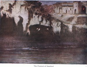 Begravelsen til Siegfried, illustrasjon fra The Stories of Wagners Operas pub. av George Harrap & Co Ltd 1932 av Ferdinand Lecke