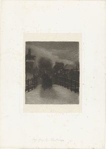 Gammel kvinne med barn på en bro Vinterkveld (tittel på objekt) av Ferdinand Oldewelt (signed by artist)