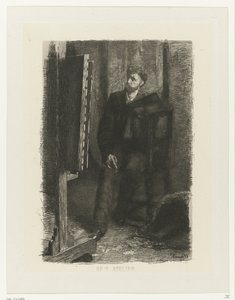 Portrett av en kunstner som står bak staffeliet I studio (tittel på objekt)