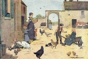 Smaker på gården til gården, i Imagier de l'enfance, ca. 1900 (gravering) av Ferdinand Raffin