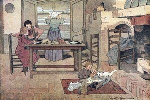 Arbeid hjemme (lekser, lesing og husarbeid), i Imagier de l'enfance, ca. 1900 (gravering)