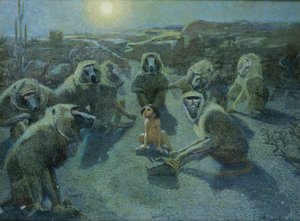 Mowgli fanget av aper (olje og blekk på lerret) av Ferdinand Schebek