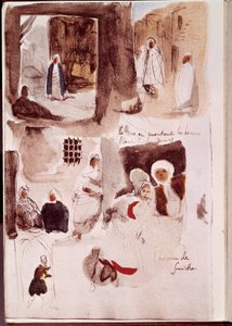 Album fra Nord-Afrika og Spania: Gater, vegger og butikker med karakterer som står eller sitter inkludert Smirnes mann. Akvarell med blekk og penn av Eugene Delacroix (1798-1863) 1832 Søn. 0,19x0,12 m Paris, musee du Louvre av Ferdinand Victor Eugene Delacroix