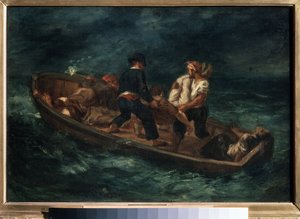 «Etter et forlis» (også kalt «Forlatte skipsvrak i en kano») Overlevende etter et forlis på en flåte. Maleri av Eugene Delacroix (1798-1863) 1847 Pushkin Museum of Fine Arts, Moskva av Ferdinand Victor Eugene Delacroix