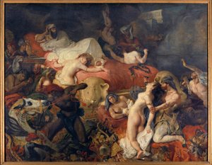 Sardanapales død. Sardanapale, assyrisk konge som ble beleiret av opprør, fikk sine koner og hester slaktet før han drepte seg selv. Maleri av Eugene Delacroix (1798-1863) av Ferdinand Victor Eugene Delacroix