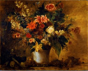 Blomster og frukt Bukett med blomster i en vase med gre. Maleri av Eugene Delacroix (1798-1863) 1843 ca. Sol. 74x93 cm Vienna Kunsthistorisches Museum, Neue Gallery av Ferdinand Victor Eugene Delacroix