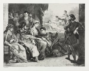 Hamlet: Hamlet befaler skuespillerne å gjøre en scene fra farens forgiftning, 1834. av Ferdinand Victor Eugene Delacroix