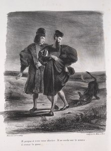 Illustrasjoner for Faust: Faust, Méphistophélès and the barbet, 1828. av Ferdinand Victor Eugene Delacroix