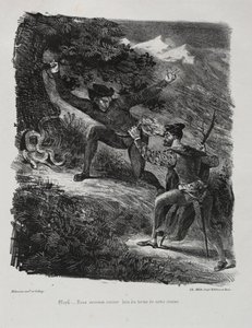 Illustrasjoner for Faust: Faust og Méphistophélés i fjellene i Hartz, 1828. av Ferdinand Victor Eugene Delacroix