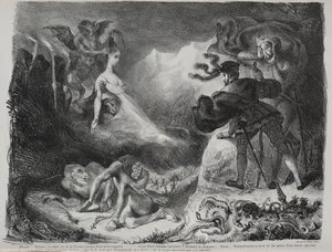 Illustrasjoner for Faust: Marguerites skygge vises for Faust, 1828. av Ferdinand Victor Eugene Delacroix