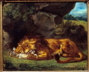 Løve som slår en kanin. Maleri av Eugene Delacroix (1798-1863) av Ferdinand Victor Eugene Delacroix