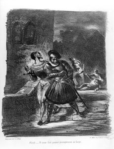 Mephistopheles og Faust rømmer etter Valentines død, fra Goethes Faust, 1828, (illustrasjon), (bw-foto av litografi)