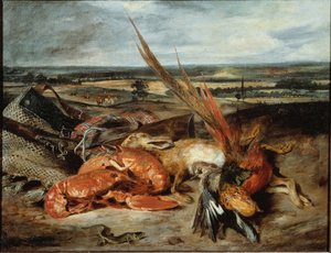 Stilleben med hummer og trofeer for jakt og fiske - olje på lerret av Ferdinand Victor Eugene Delacroix